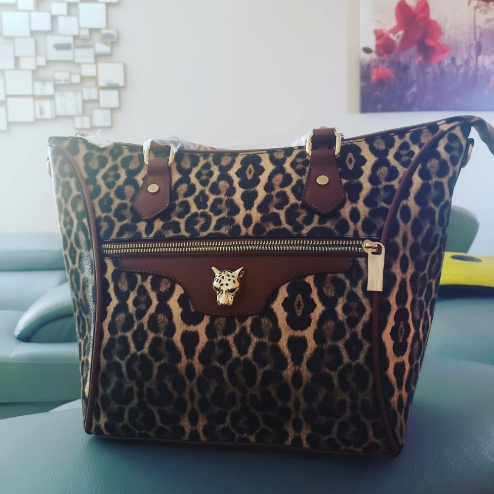 Brown Vegan Leopard Satchel Wallet Set